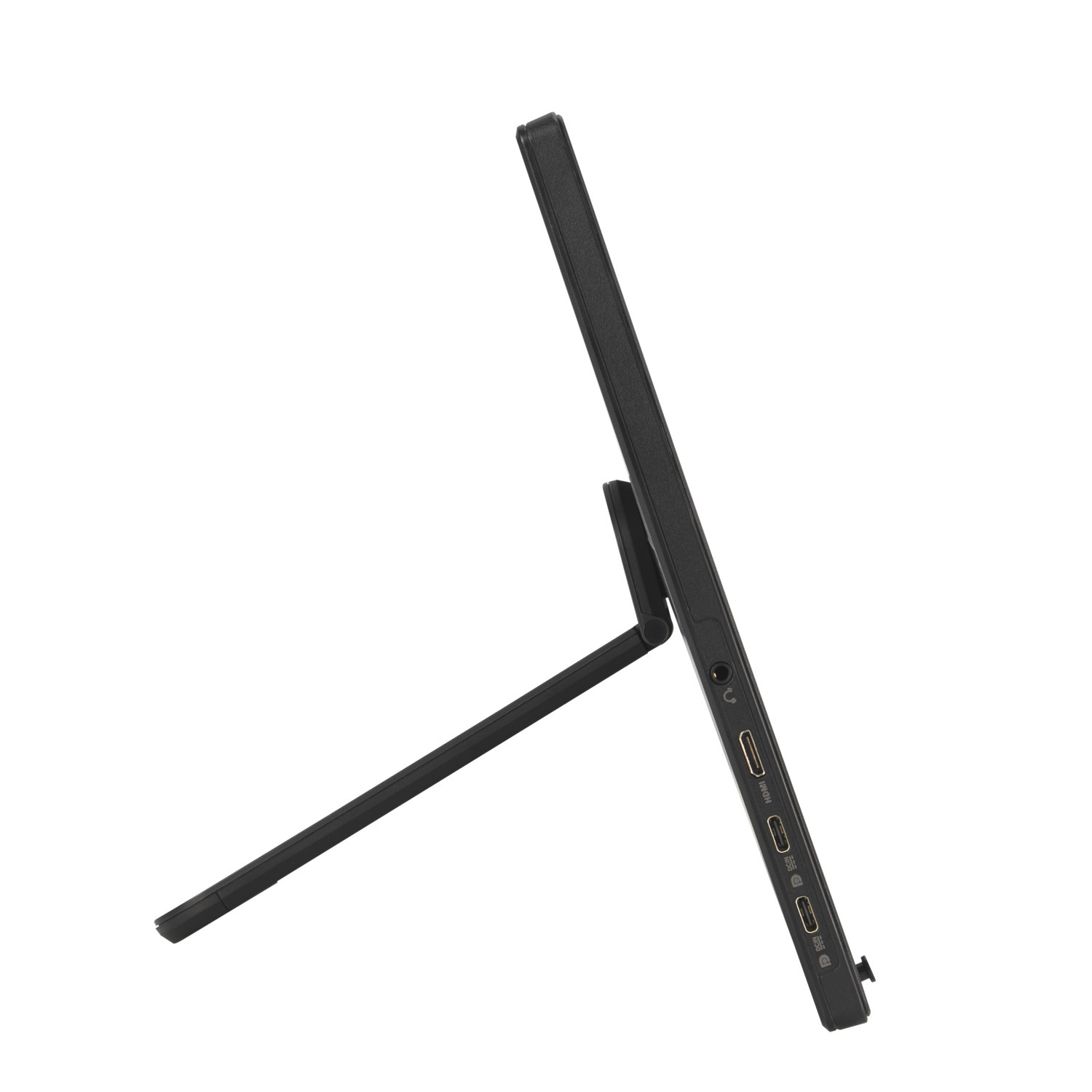 Black tablet on a stand, viewed from the side. Ports are visible on the edge.