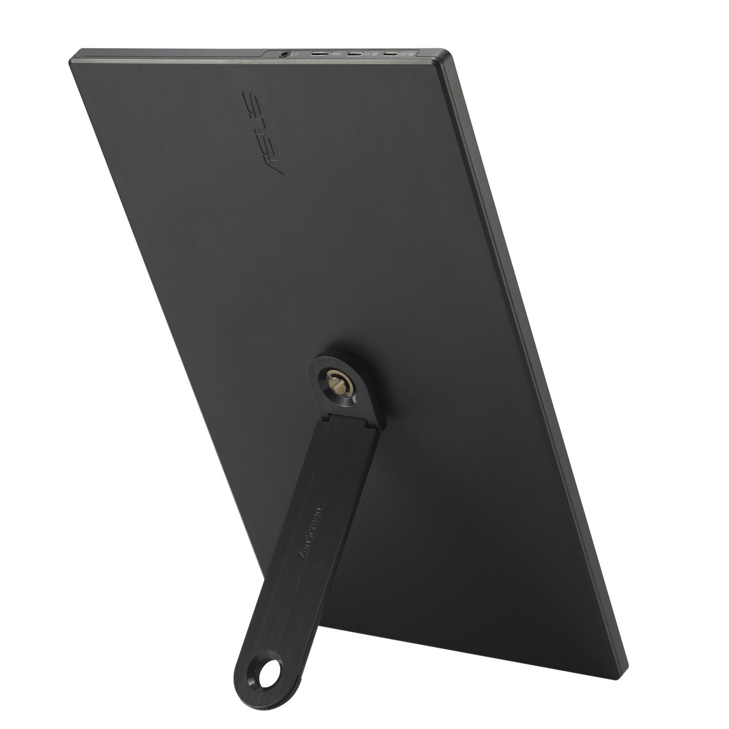A black tablet with a stand, angled back. The ASUS logo is visible on the back.
