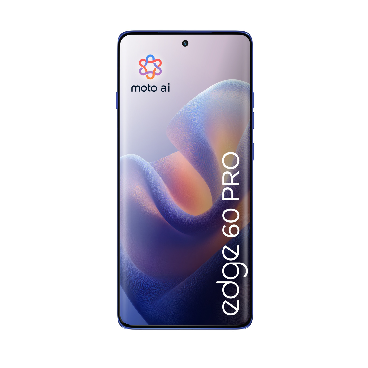 Blauwe smartphone met een groot scherm met een logo en de tekst "edge 60 PRO."