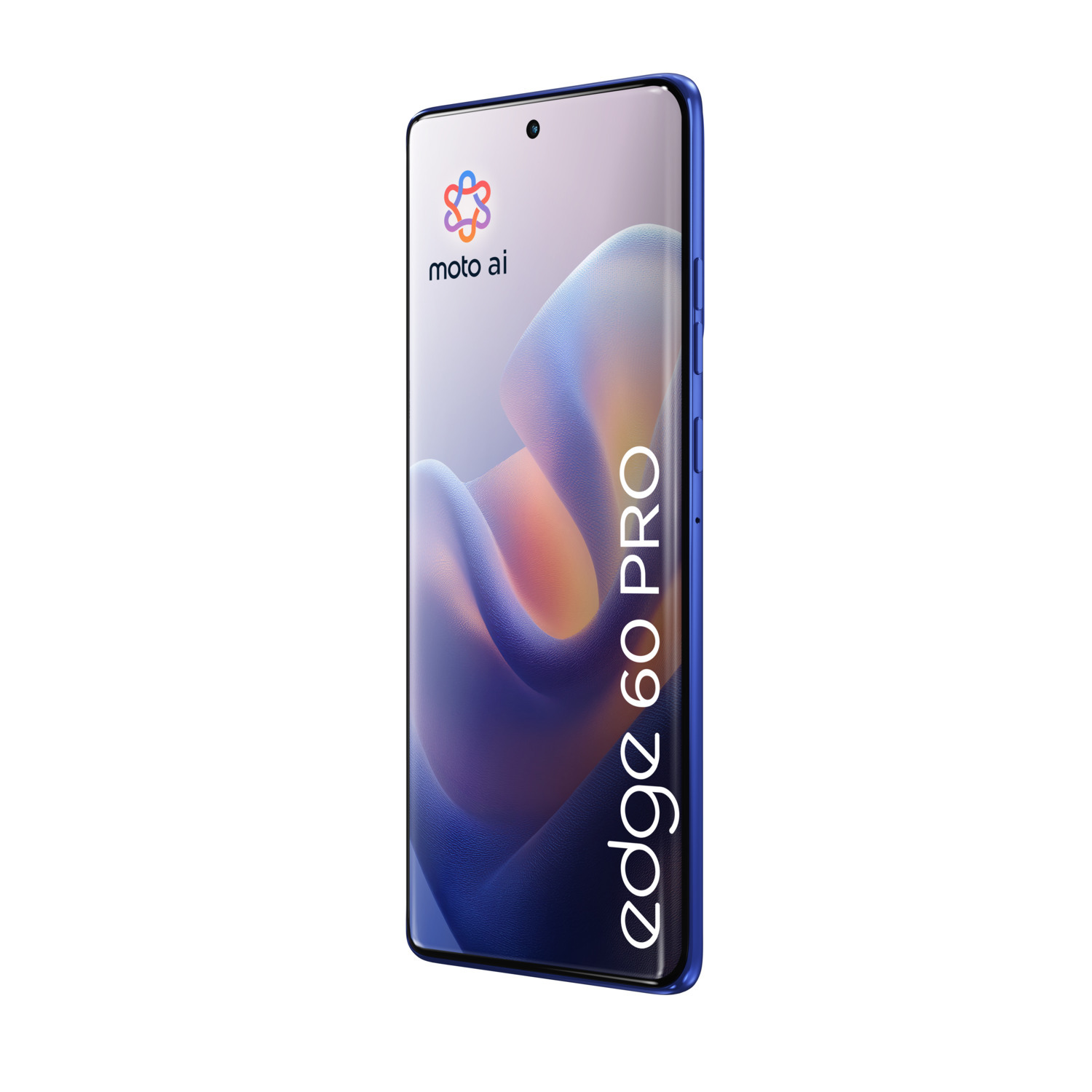 Blauwe Moto Edge 60 Pro smartphone. moto ai logo op het scherm, edge 60 pro tekst.