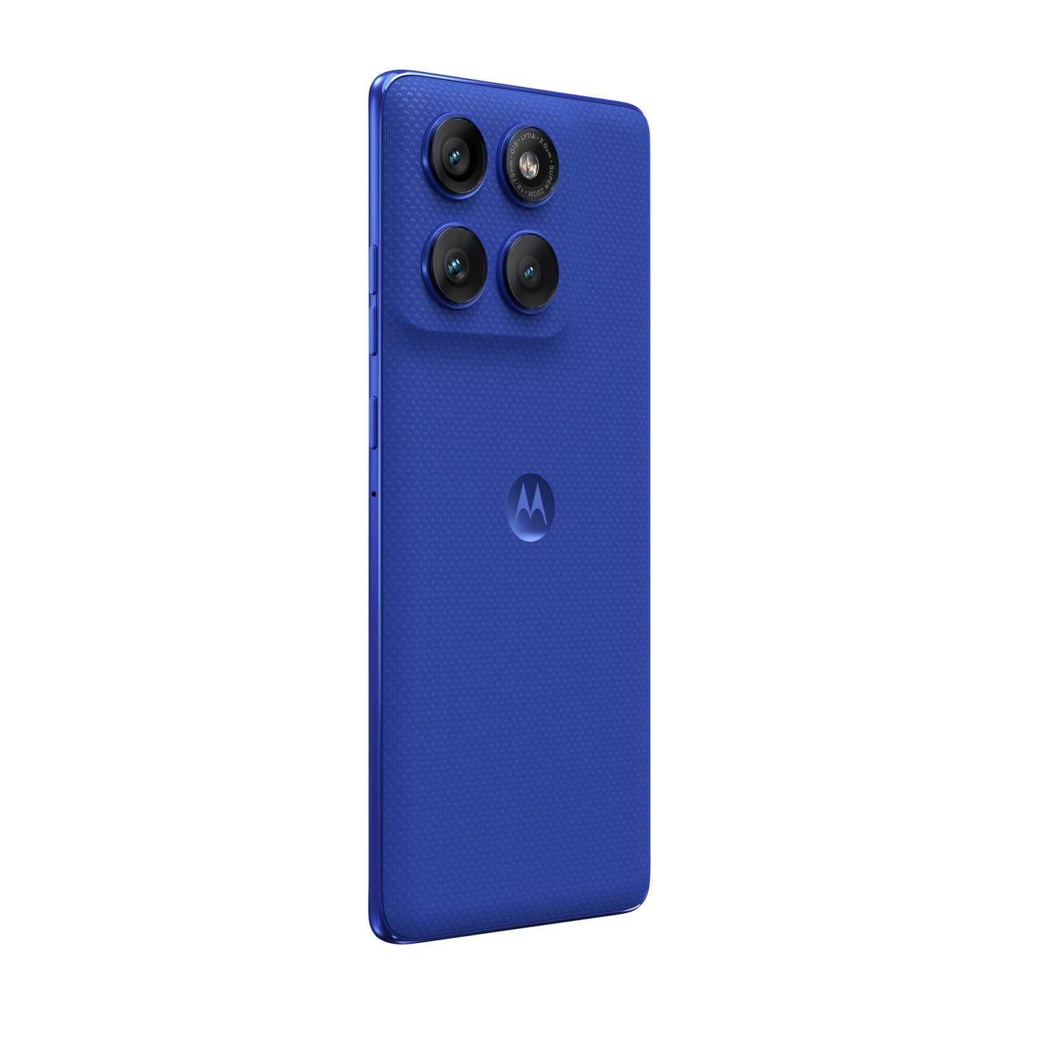Een blauwe telefoon met vier camera's aan de achterkant en een Motorola-logo.