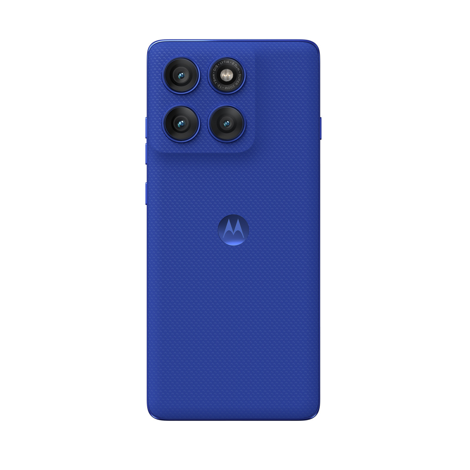 Blauwe Motorola telefoon achterkant met vier camera's en logo.