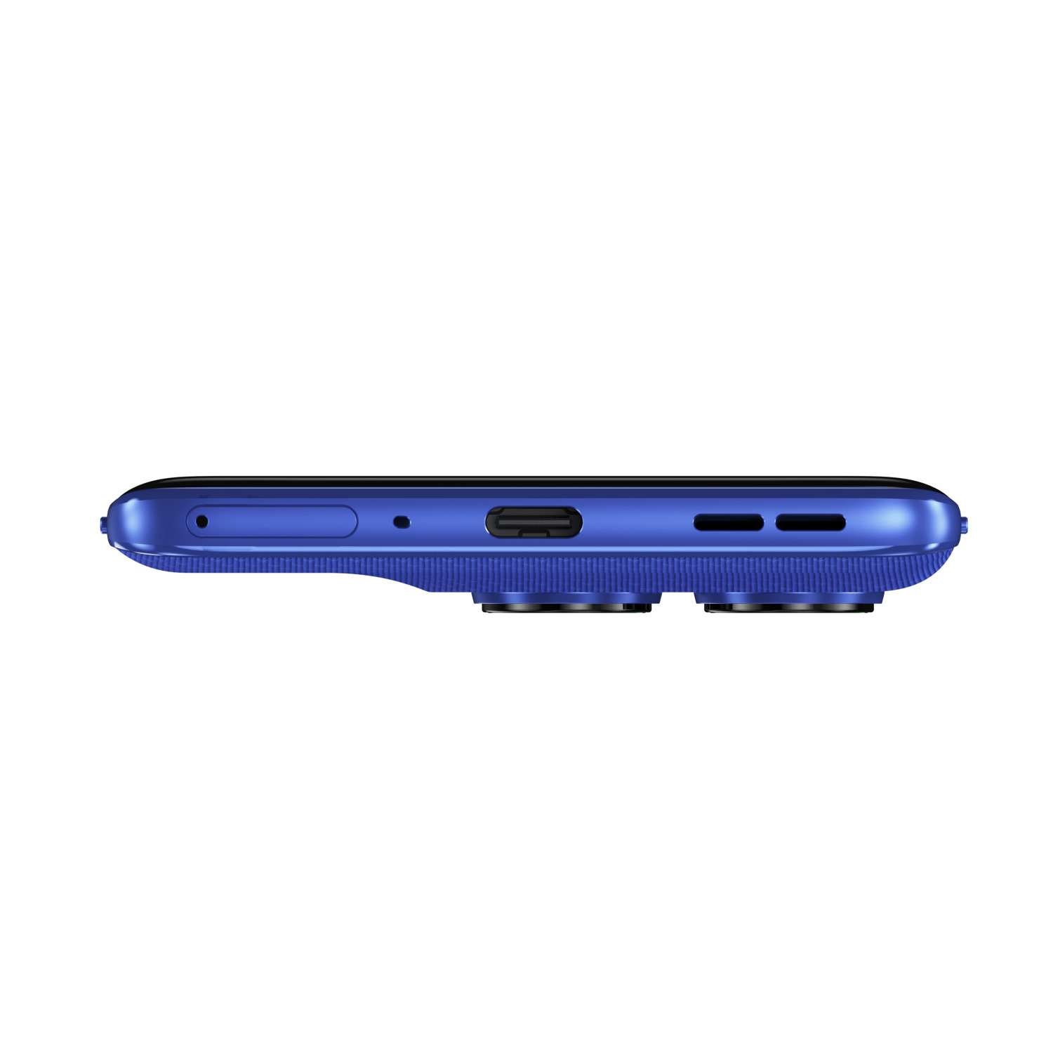 De onderkant van een blauwe smartphone met oplaadpoort en twee camera's, bovenaanzicht.