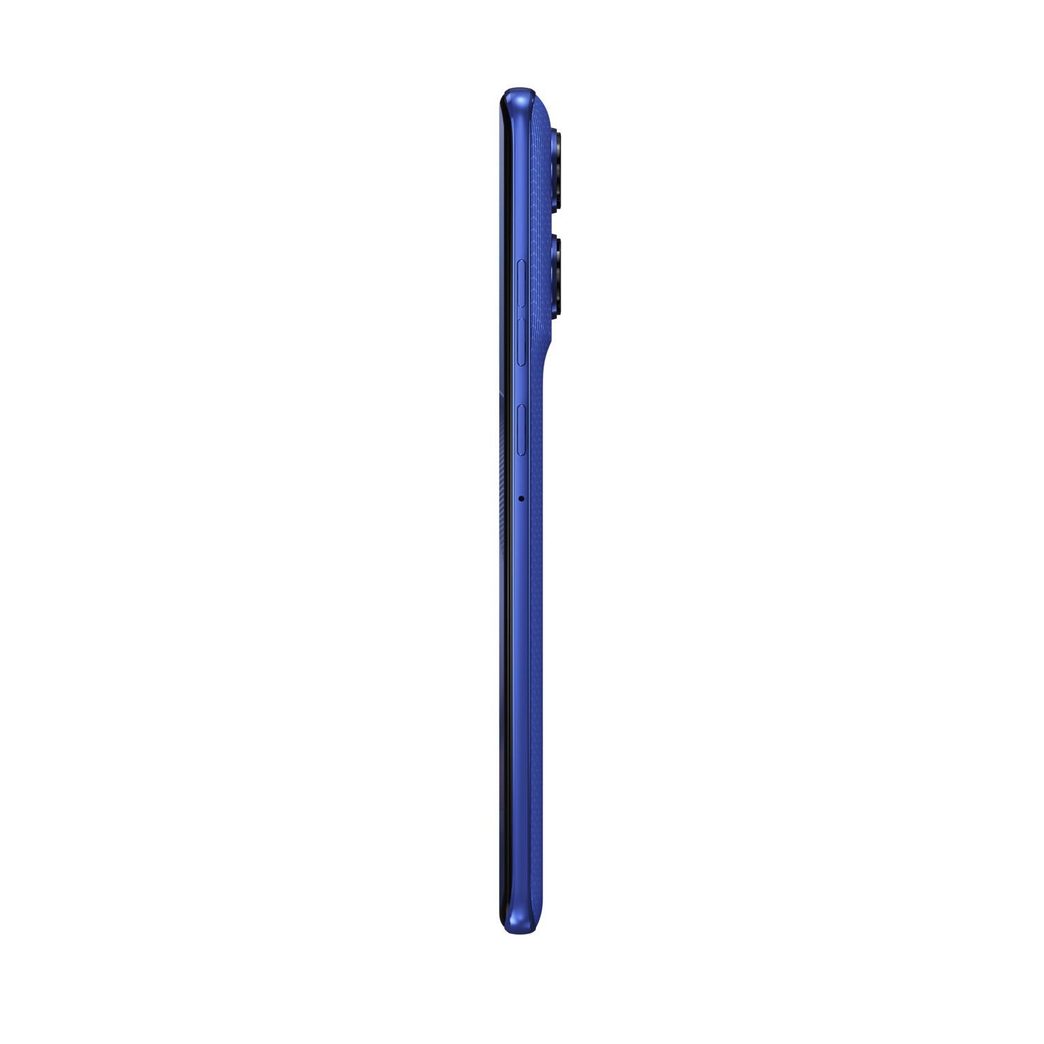 Zijaanzicht van een blauwe smartphone. Toont de zijknoppen en het profiel van het apparaat.