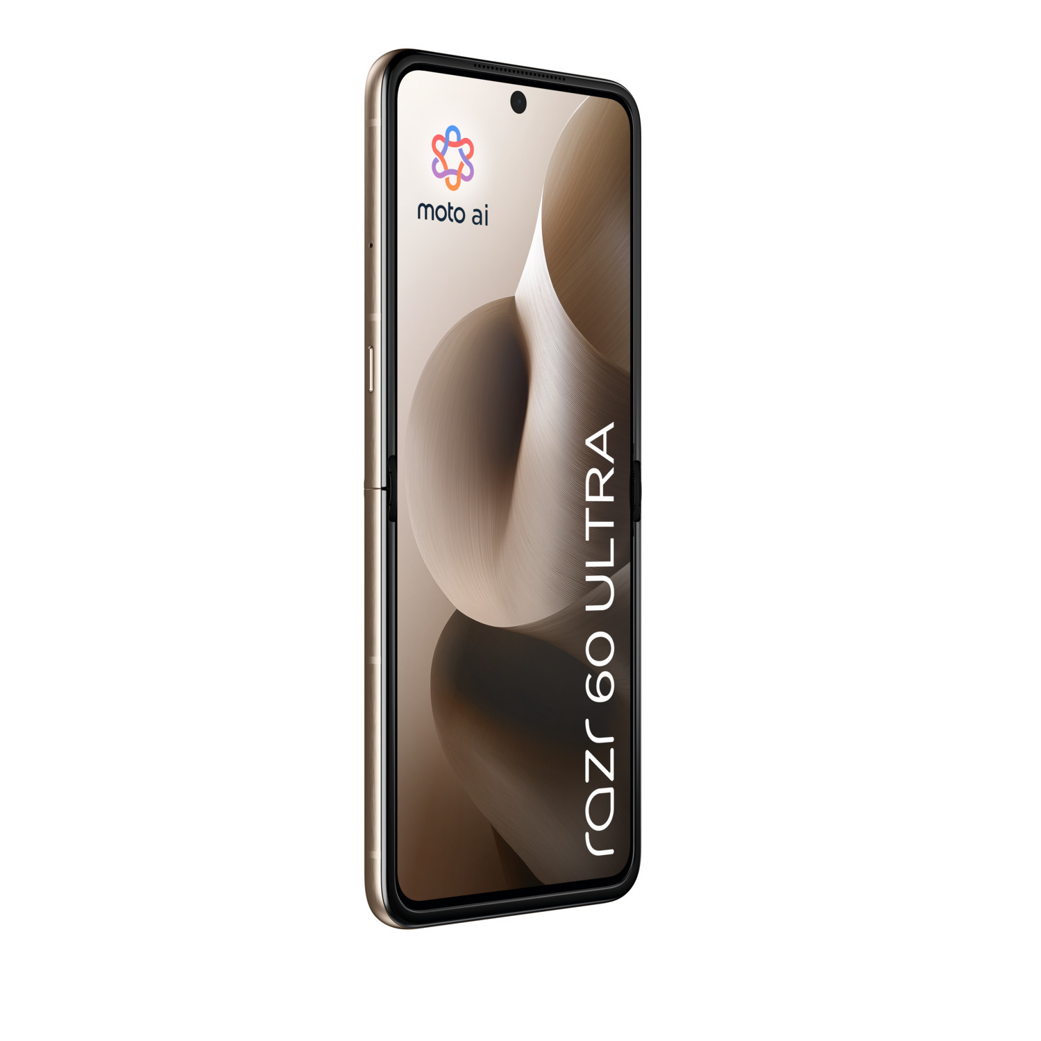Een gouden smartphone toont een scherm met de tekst 'razr 60 ultra'.