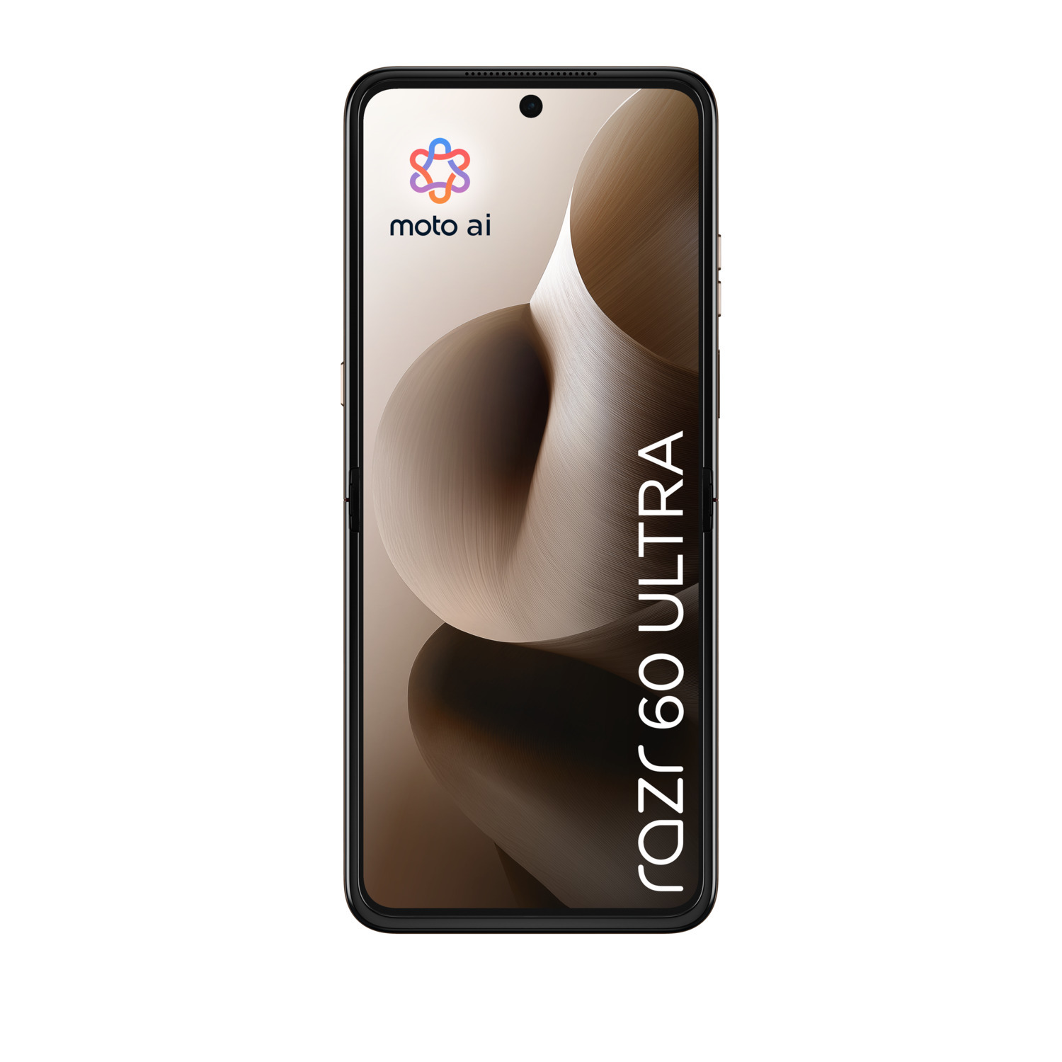 Opvouwbare telefoon met 'moto ai' en 'razr 60 ultra' op het scherm.