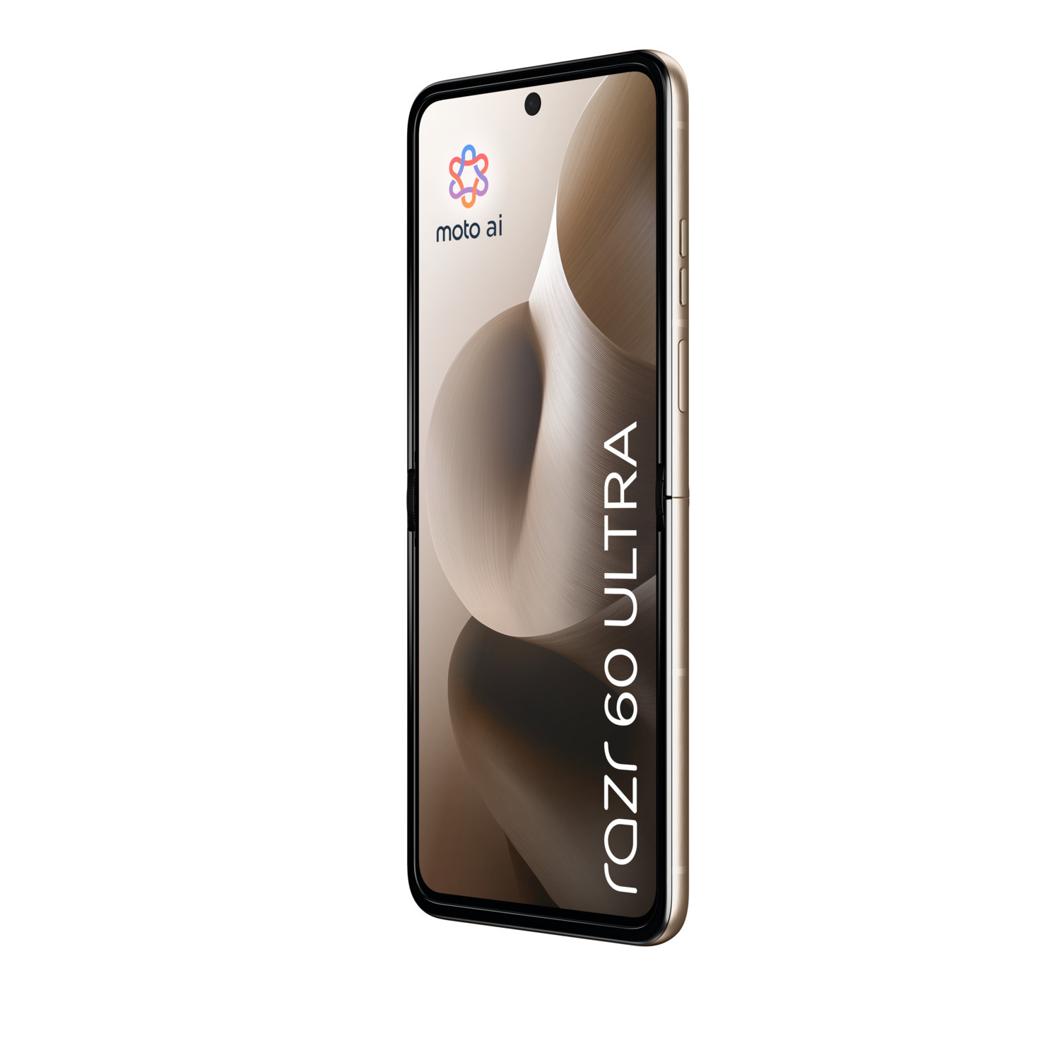 Een gouden Motorola Razr 60 Ultra telefoon, vooraanzicht. Het scherm toont moto ai.