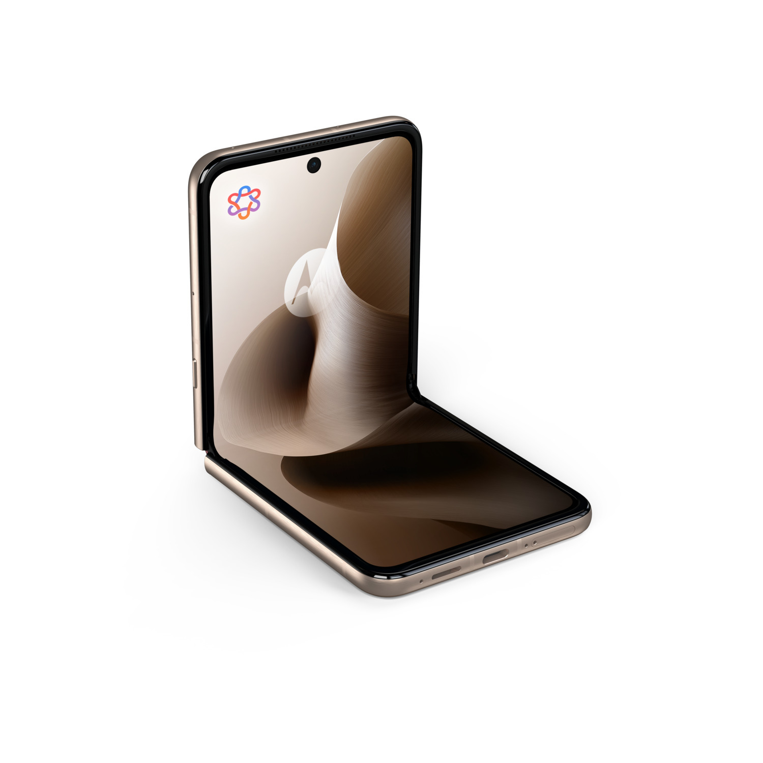 Opvouwbare smartphone, gouden frame, open. Display toont een wervelend, abstract ontwerp.