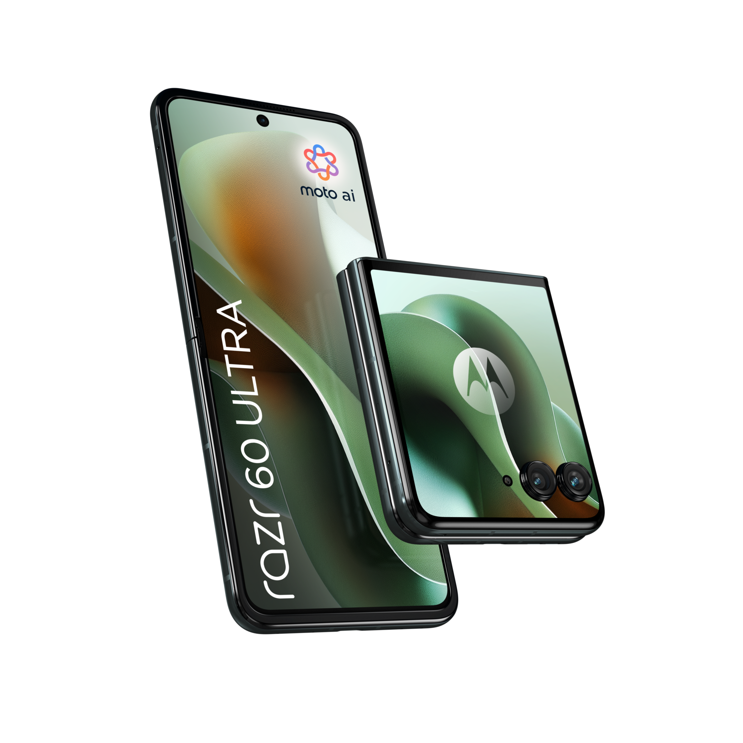 Een Motorola Razr 60 Ultra telefoon, open en dicht. Het moto ai logo is zichtbaar.