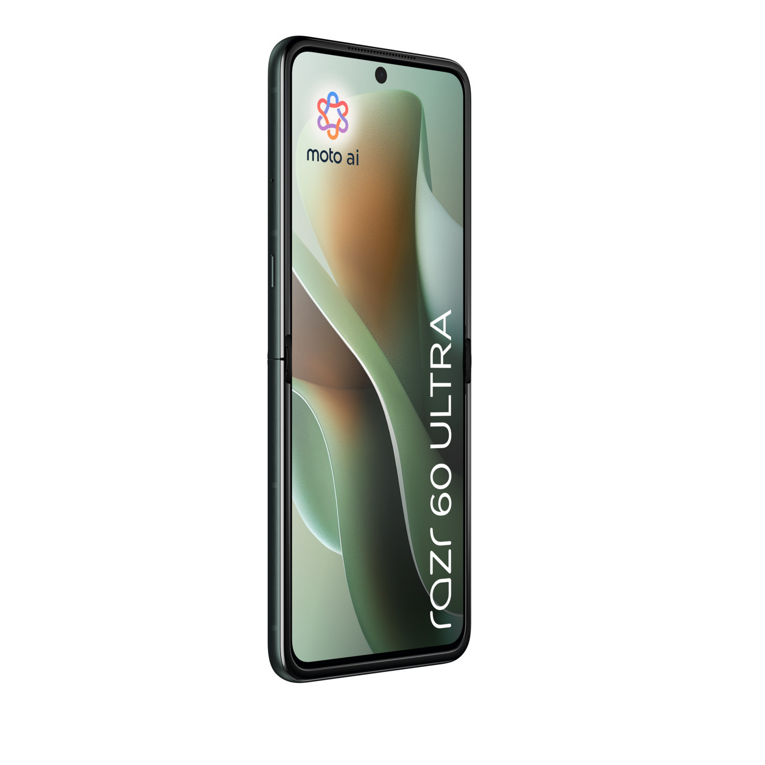 Smartphone met moto ai-logo op scherm, zwarte rand, witte achtergrond.