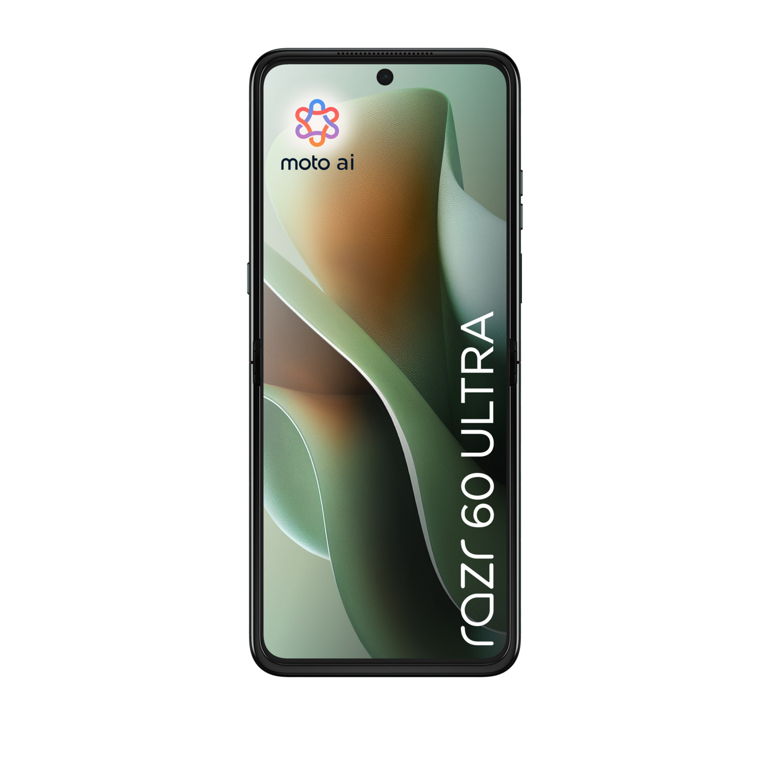 Moto Razr 60 Ultra telefoon, vooraanzicht. Groene en witte achtergrond.