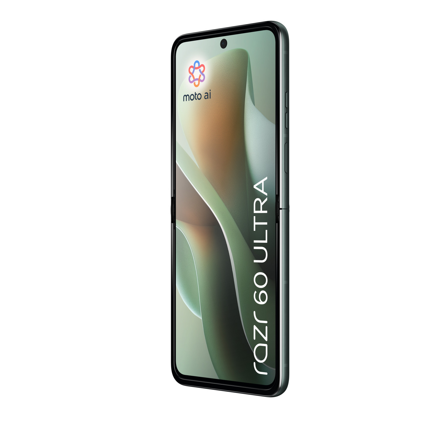 Zwarte telefoon, open, met een scherm dat een achtergrond en tekst laat zien.