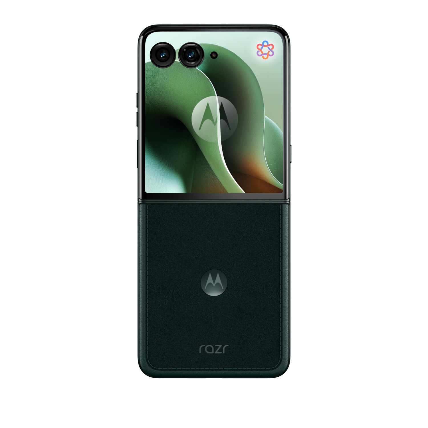 Groene opvouwbare telefoon met een Motorola-logo en een schermweergave.