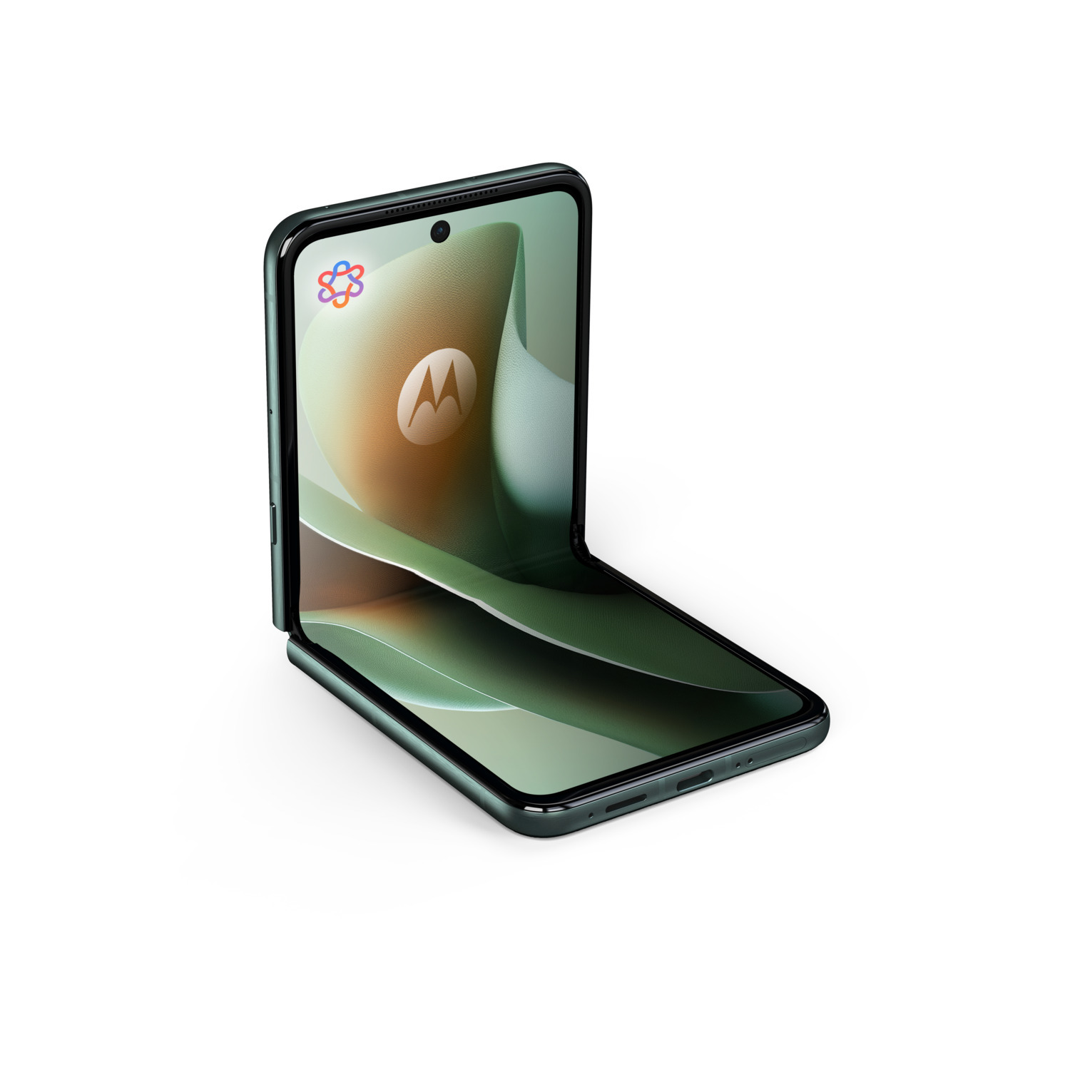 Een opvouwbare Motorola-telefoon open, met het scherm. Het is zwart en groen.