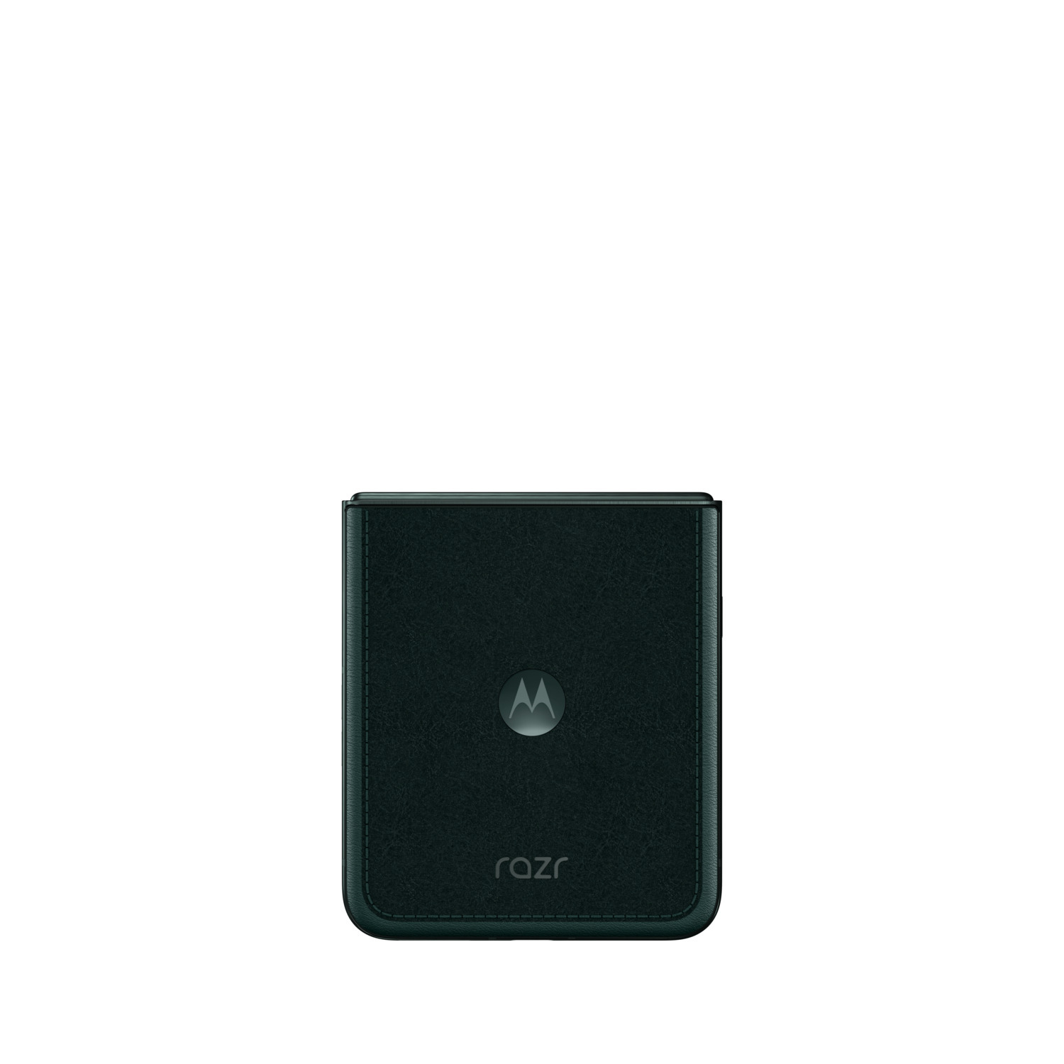 Een donkergroene Motorola Razr telefoonhoes. De hoes is gesloten. Het Motorola-logo is zichtbaar.