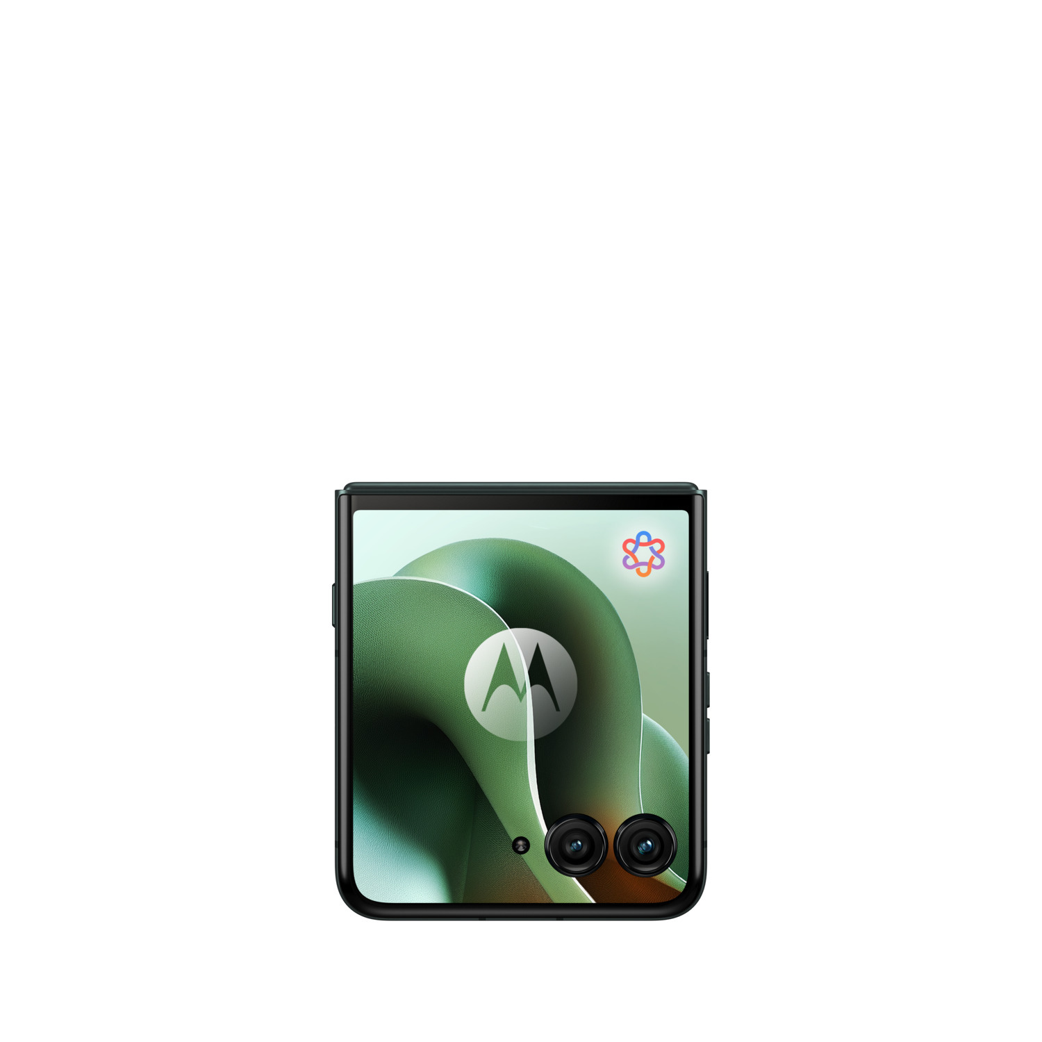 Zwarte telefoon, open, met een scherm dat een achtergrond en het logo laat zien.
