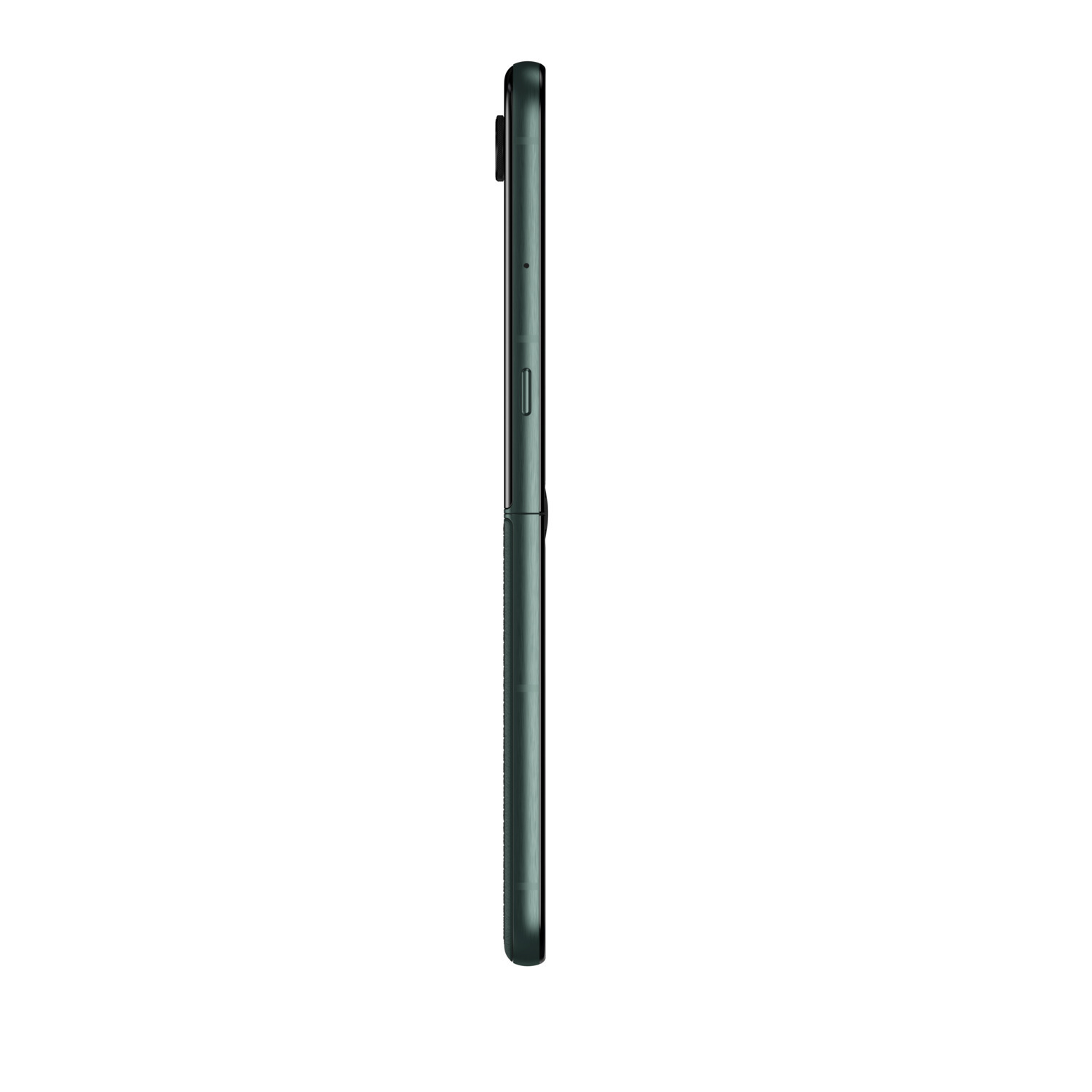 Zijaanzicht van een opgevouwen zwarte smartphone. De telefoon heeft een textuur.