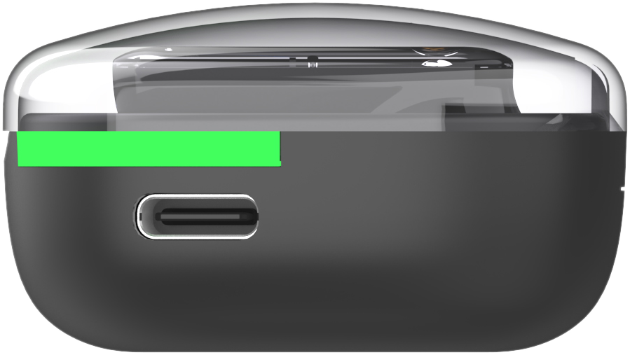 Fekete töltőtok zöld csíkkal, USB-C port látható.