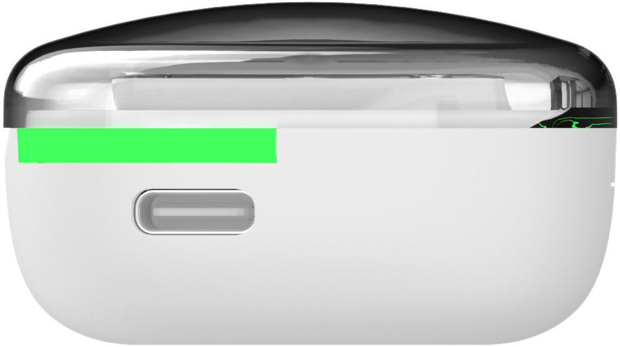 Fehér töltőtok zöld csíkkal, USB-C porttal és átlátszó fedéllel.