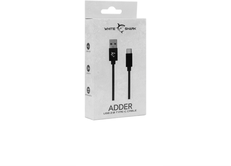USB-C kábel fehér dobozban, 'ADDER' és 'USB 2.0 TYPE-C CABLE' felirattal.