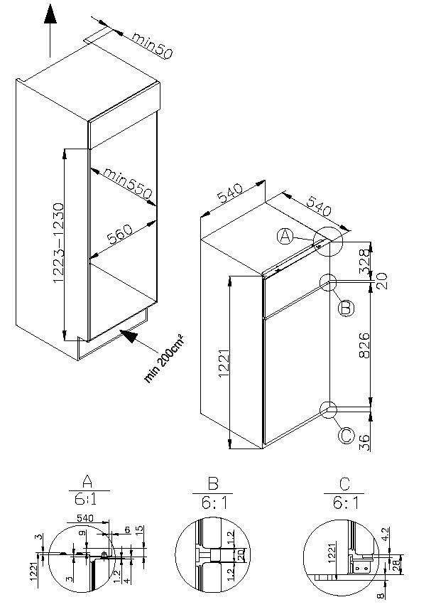 Diagramm mit Abmessungen eines Einbaukühlschranks, mit Maßen und Details.