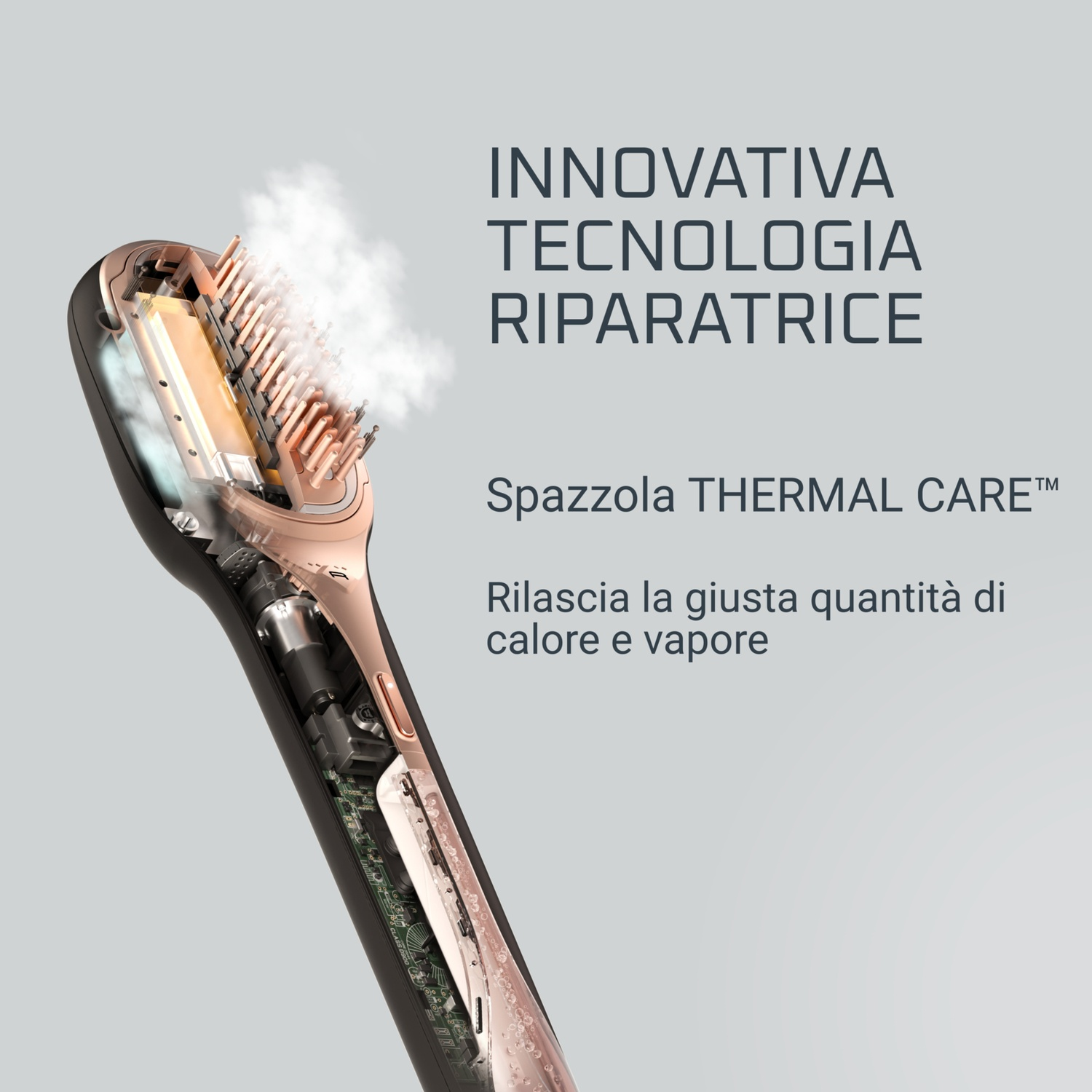 Un primo piano di una spazzola per capelli. Mostra la struttura interna ed emette vapore.