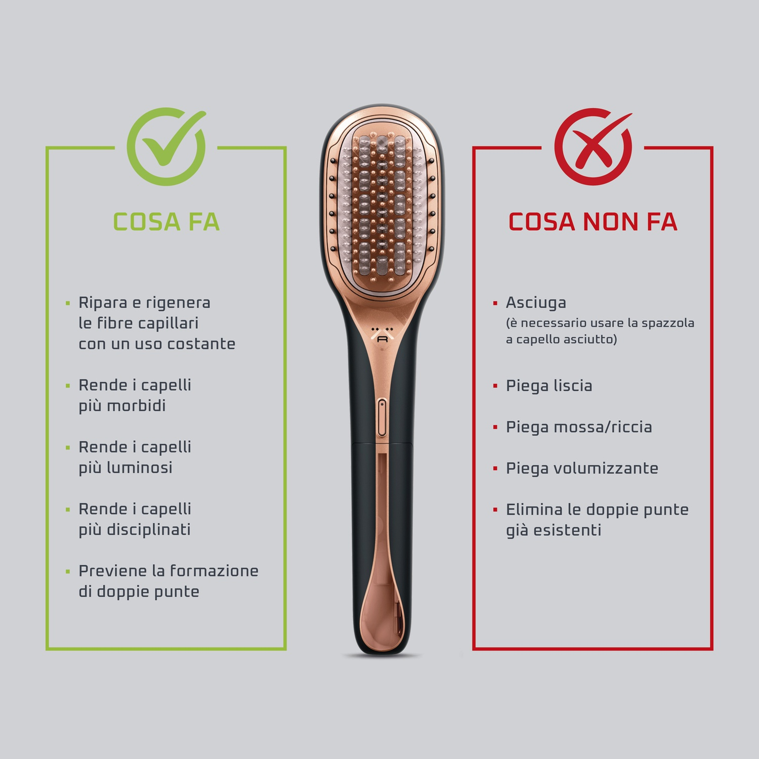 Spazzola per lo styling dei capelli con testo che descrive le funzioni.