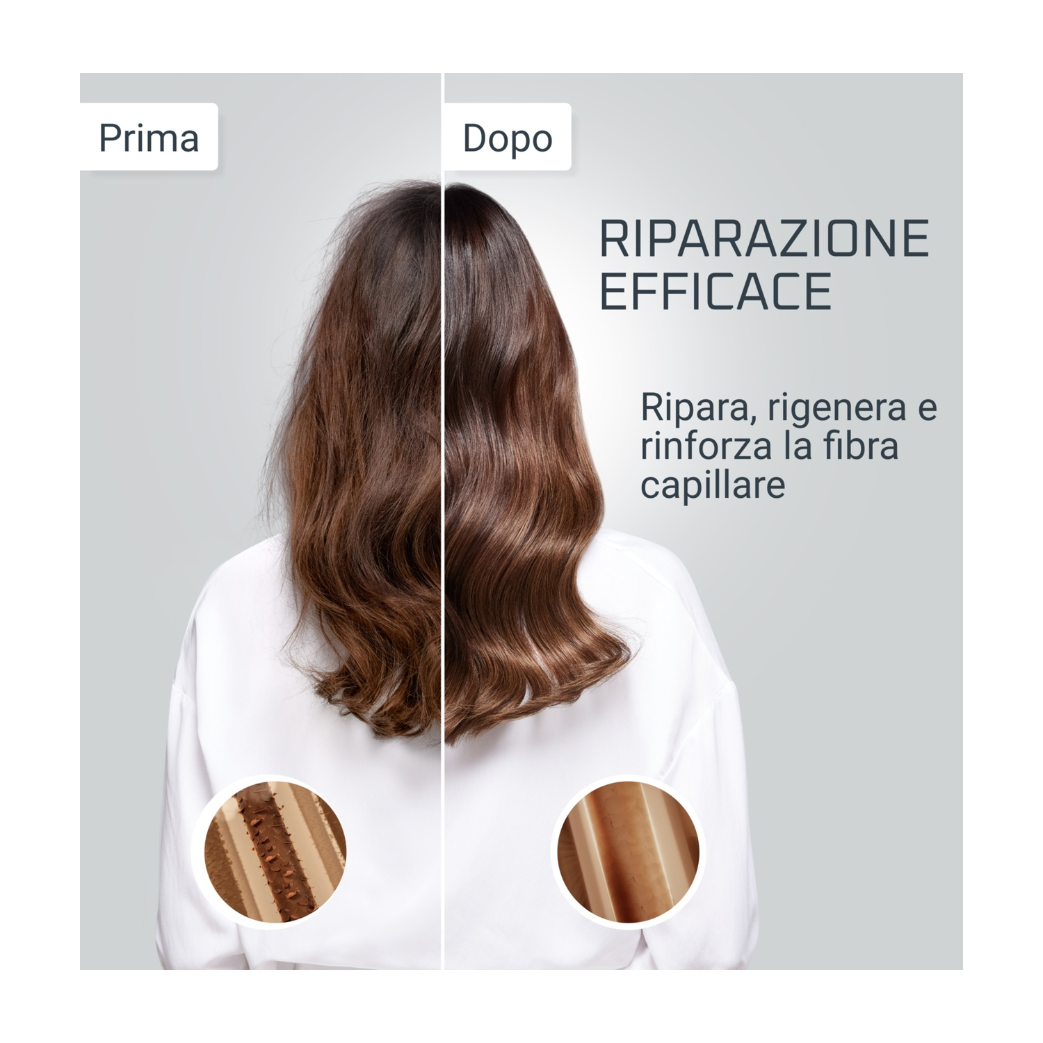 Immagine dei capelli prima e dopo il trattamento. Mostra capelli danneggiati a sinistra, sani a destra.