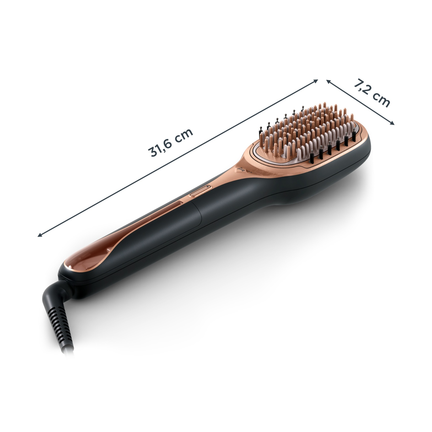 Spazzola per lisciare i capelli, nera e oro rosa, con misure.