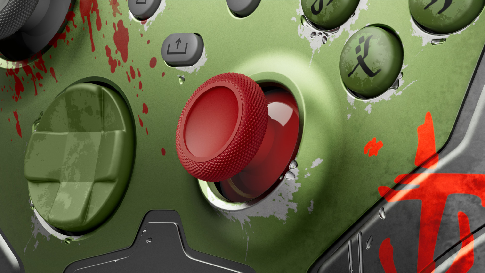 Nahaufnahme eines Gamecontrollers mit rotem Joystick und grünen Knöpfen.