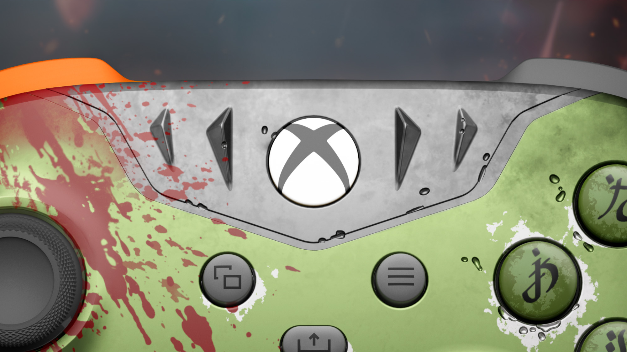 Nahaufnahme eines Xbox-Controllers mit Blutspritzern und Graffiti-Design.