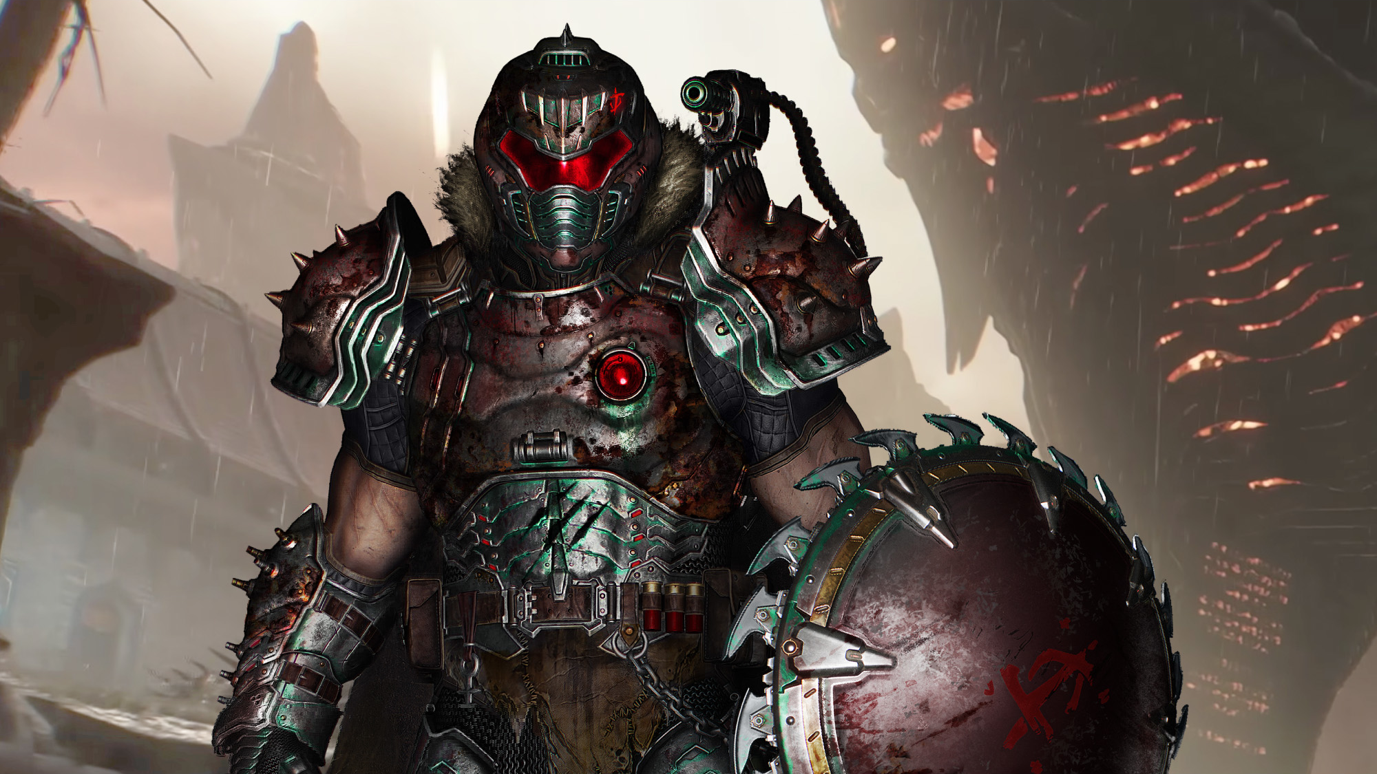 Doom Slayer in Rüstung, hält Schild und Waffe, in einer Kampfszene.