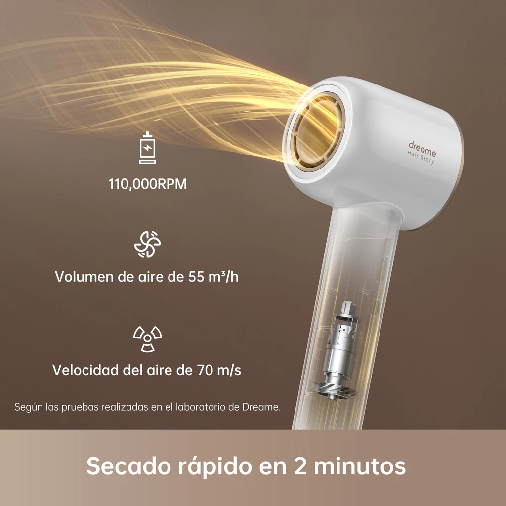 Secador de pelo blanco con rayos de luz. El texto muestra velocidad y volumen. Fondo negro.