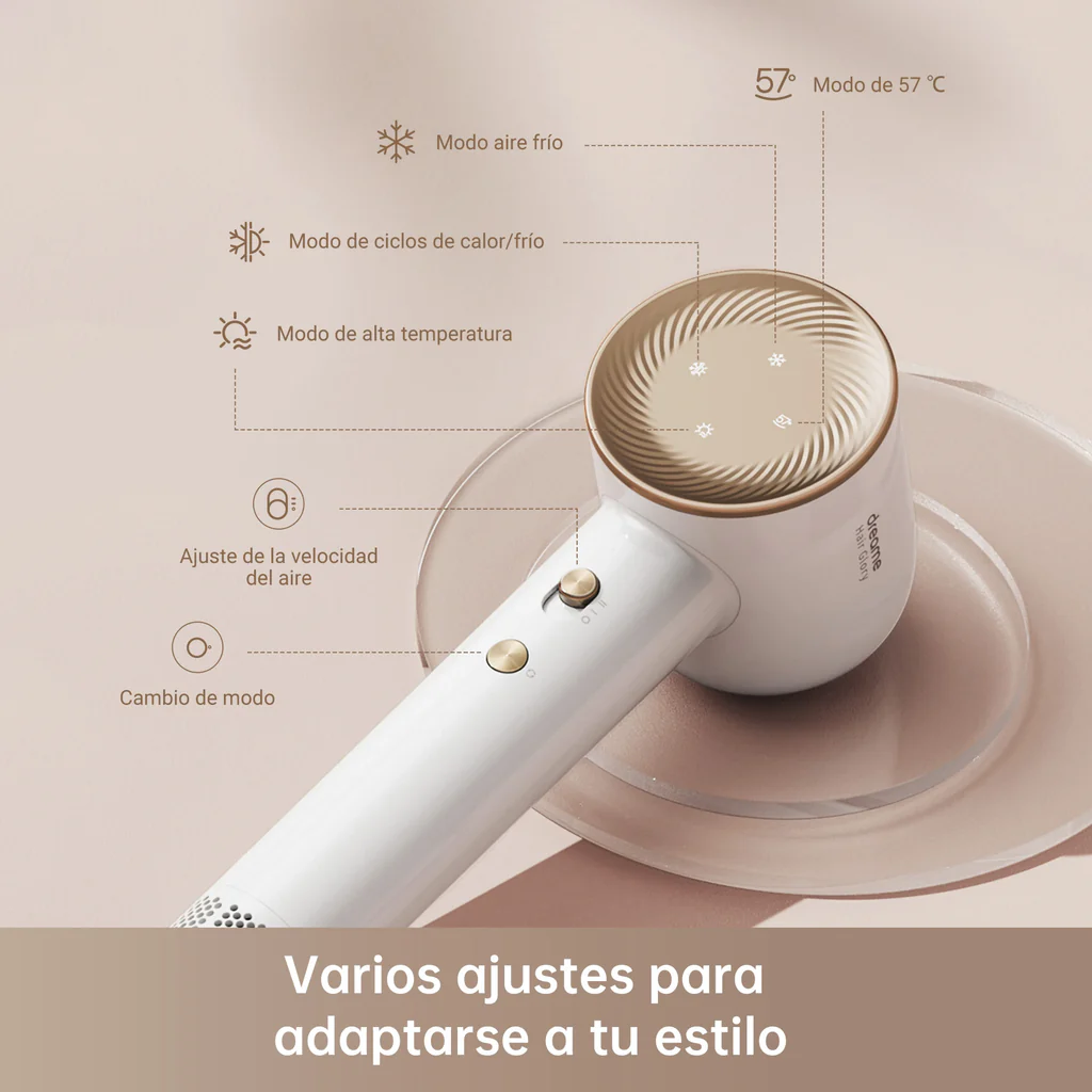 Un secador de pelo blanco con botones de control y una pantalla, sobre una superficie de vidrio.