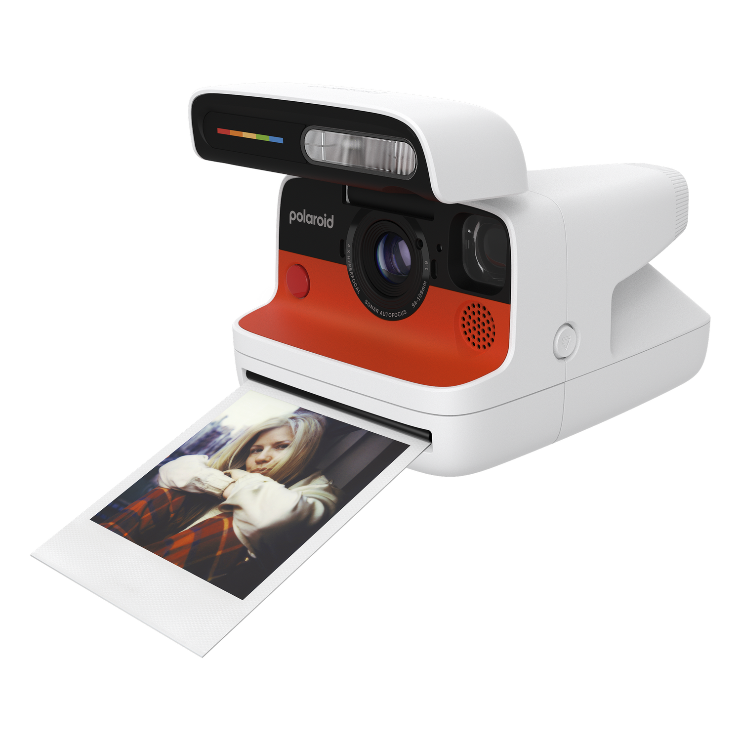 Cámara Polaroid naranja y blanca, con foto de mujer imprimiéndose.