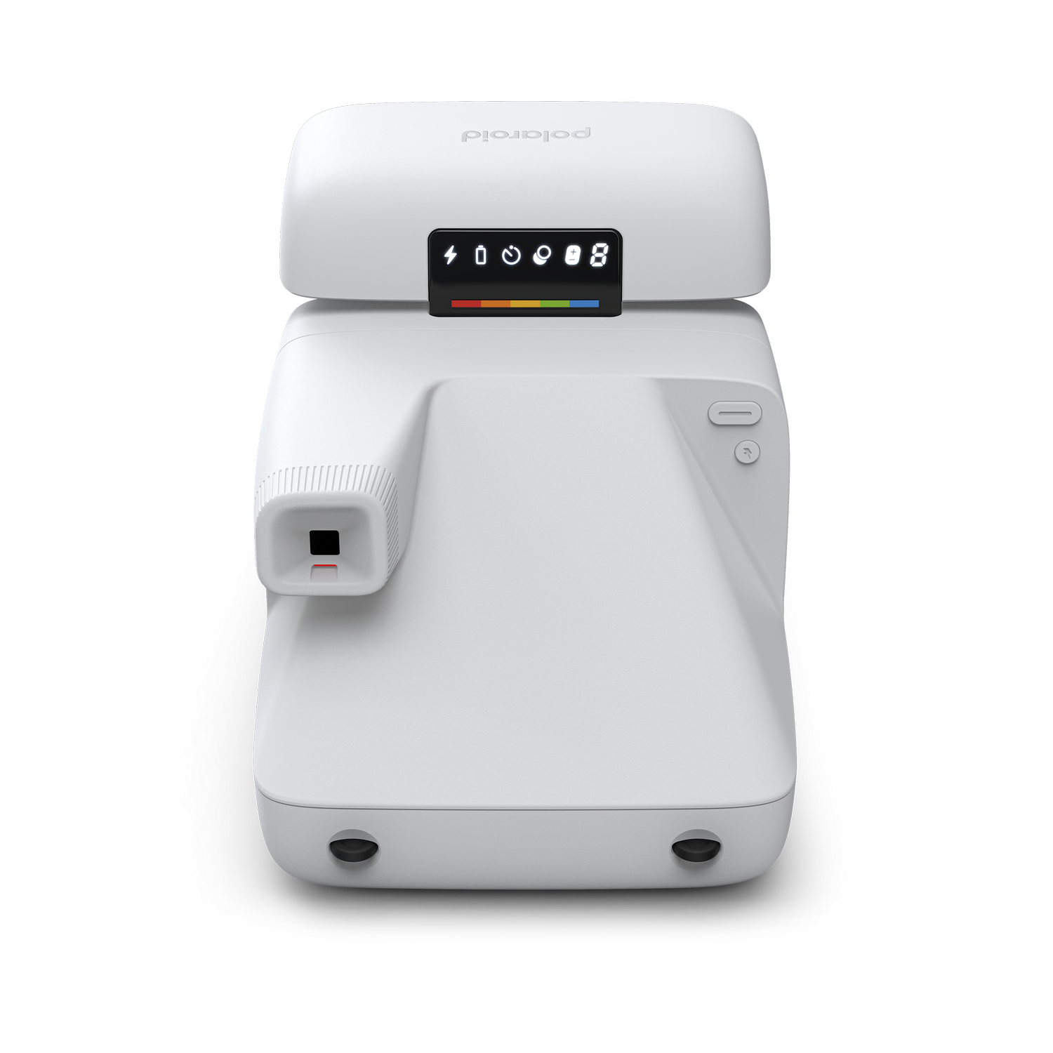 Una cámara Polaroid blanca con una pantalla digital en la parte superior. El nombre de la marca está en la parte superior.