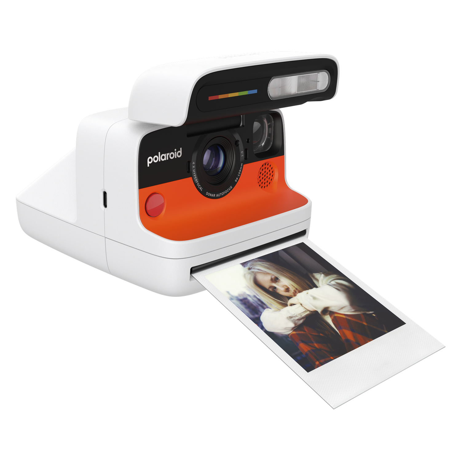 Una cámara Polaroid blanca con un botón rojo.