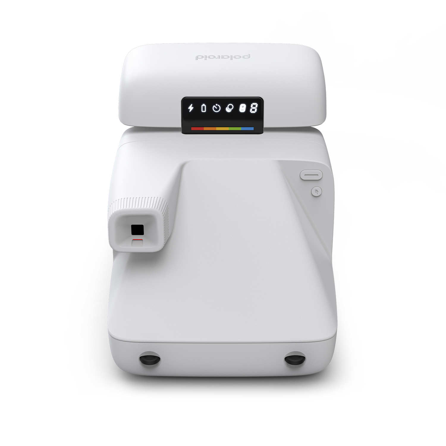Cámara Polaroid blanca con una pantalla que muestra la batería y el recuento de imágenes. Tiene una lente frontal.