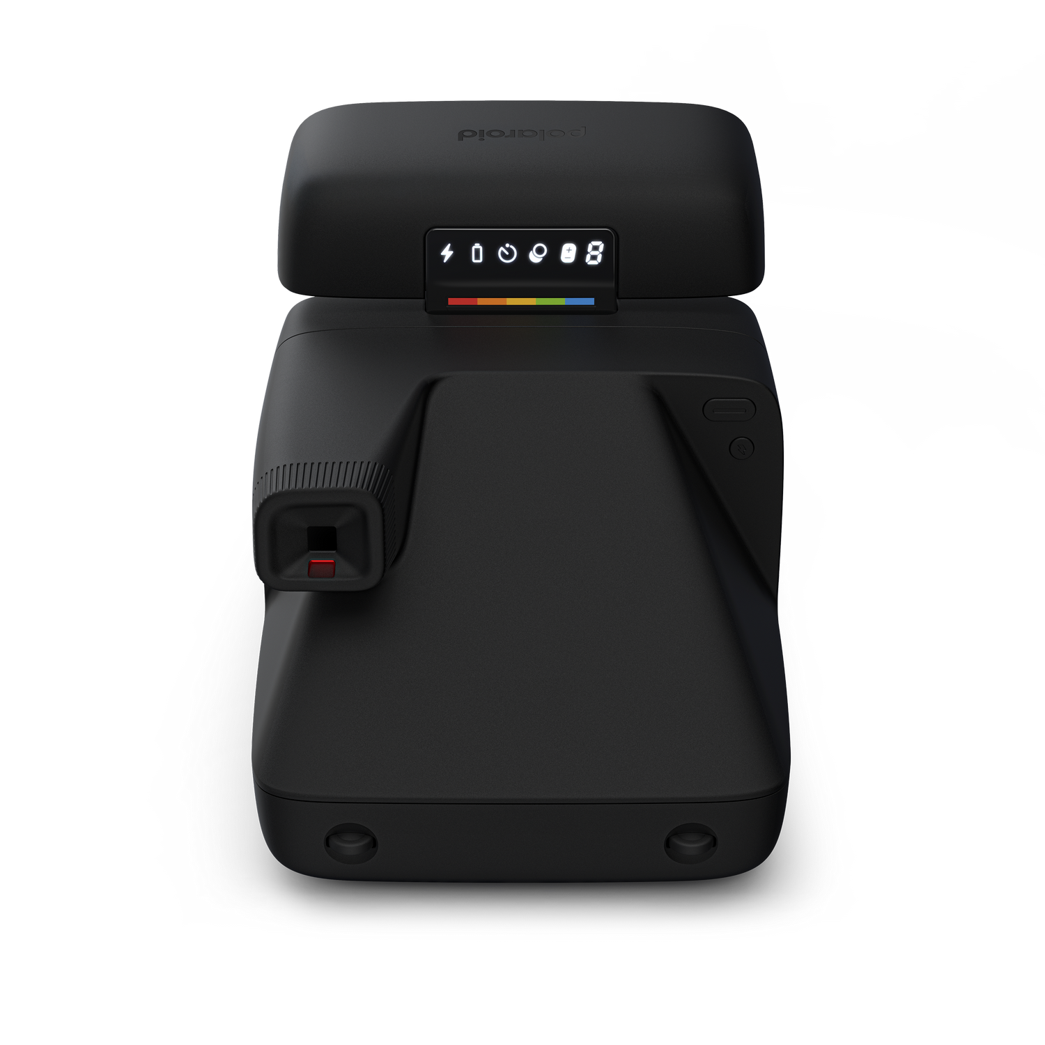Cámara Polaroid negra con pantalla digital que muestra la batería y el conteo de fotos.