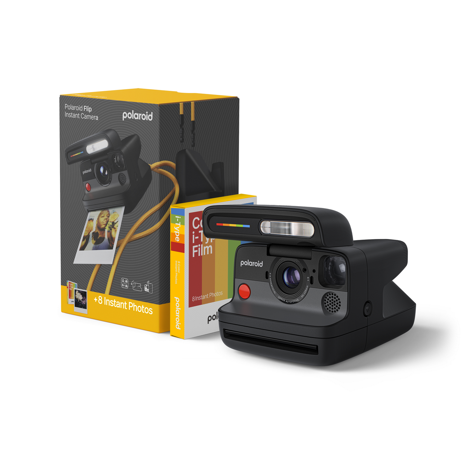 Una cámara Polaroid negra y una caja de película. La caja es amarilla y negra.