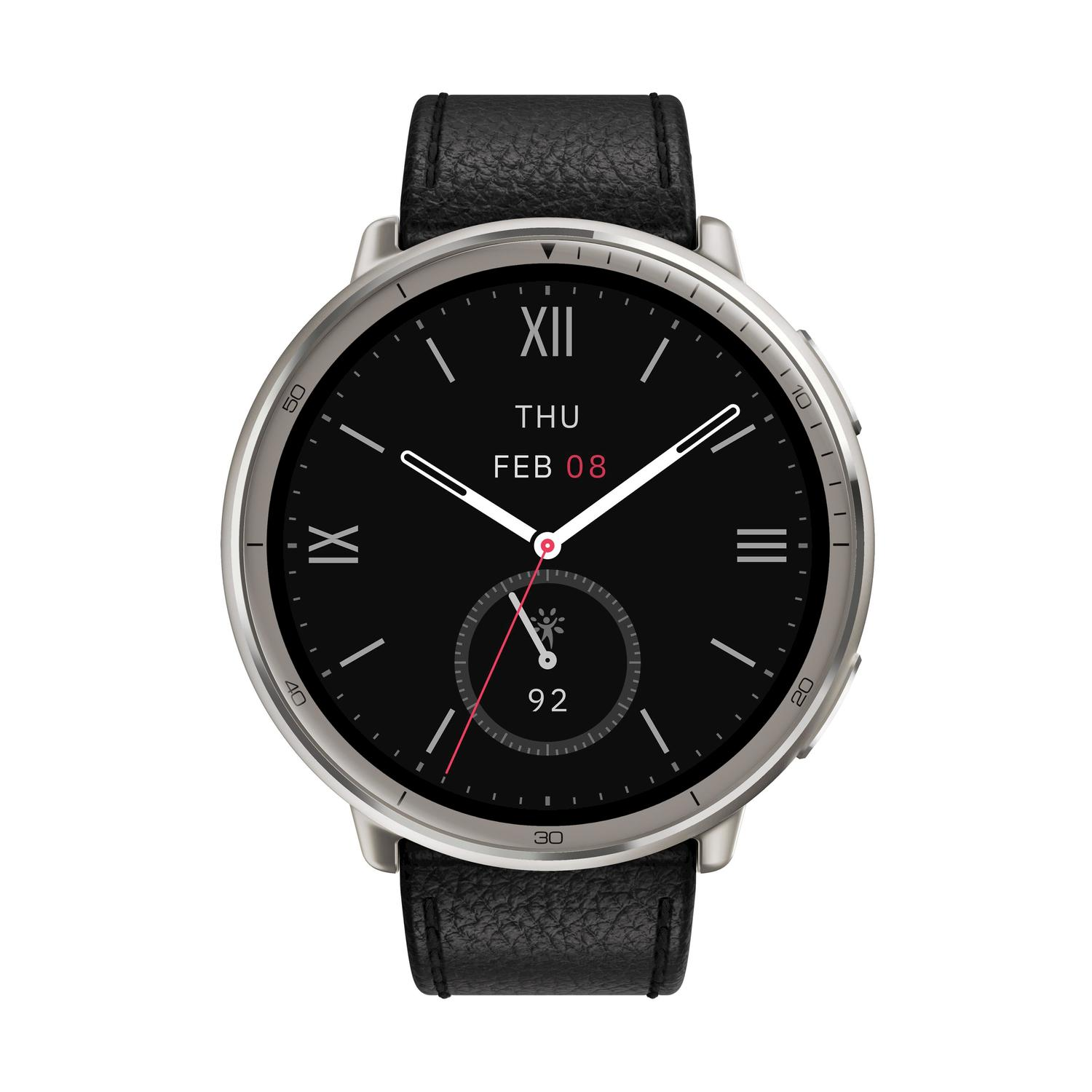 Smartwatch mit schwarzem Zifferblatt, Lederarmband. Zeigt Zeit und Datum an.