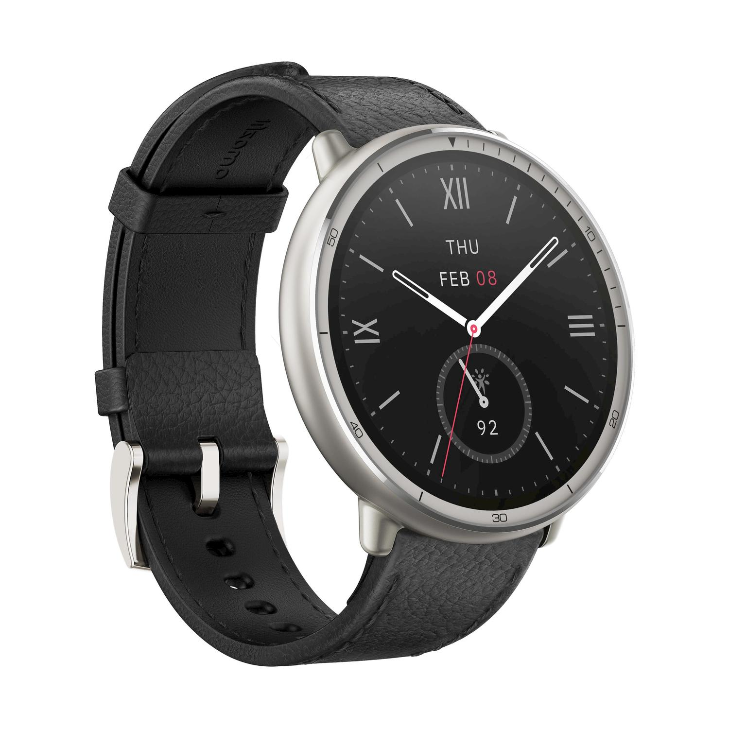 Silber-schwarze Smartwatch mit schwarzem Lederarmband und rundem Display.