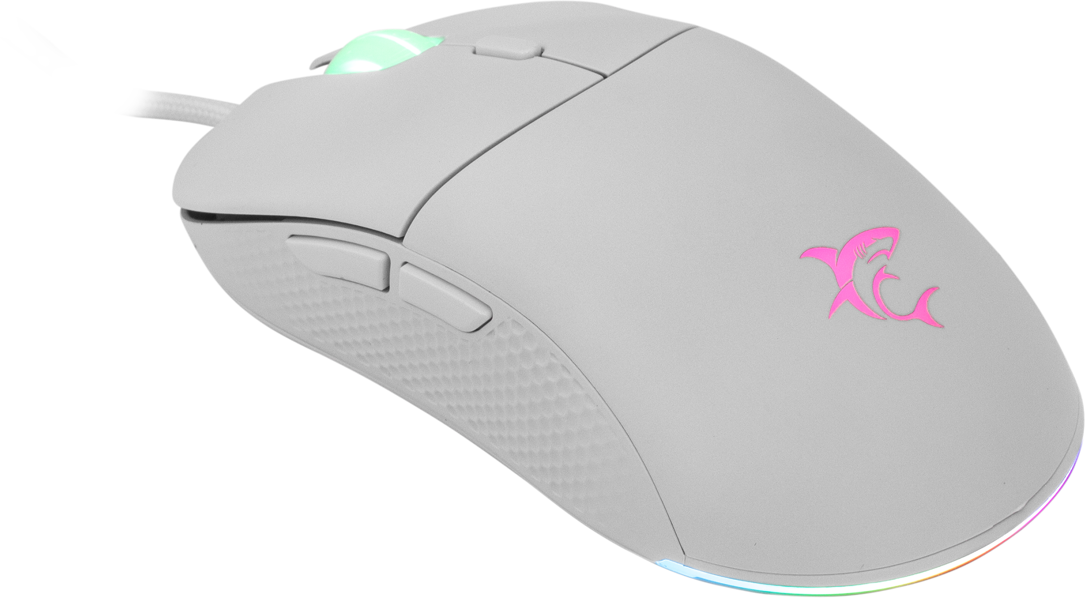 Egy fehér gamer egér rózsaszín cápával és RGB világítással az alján.