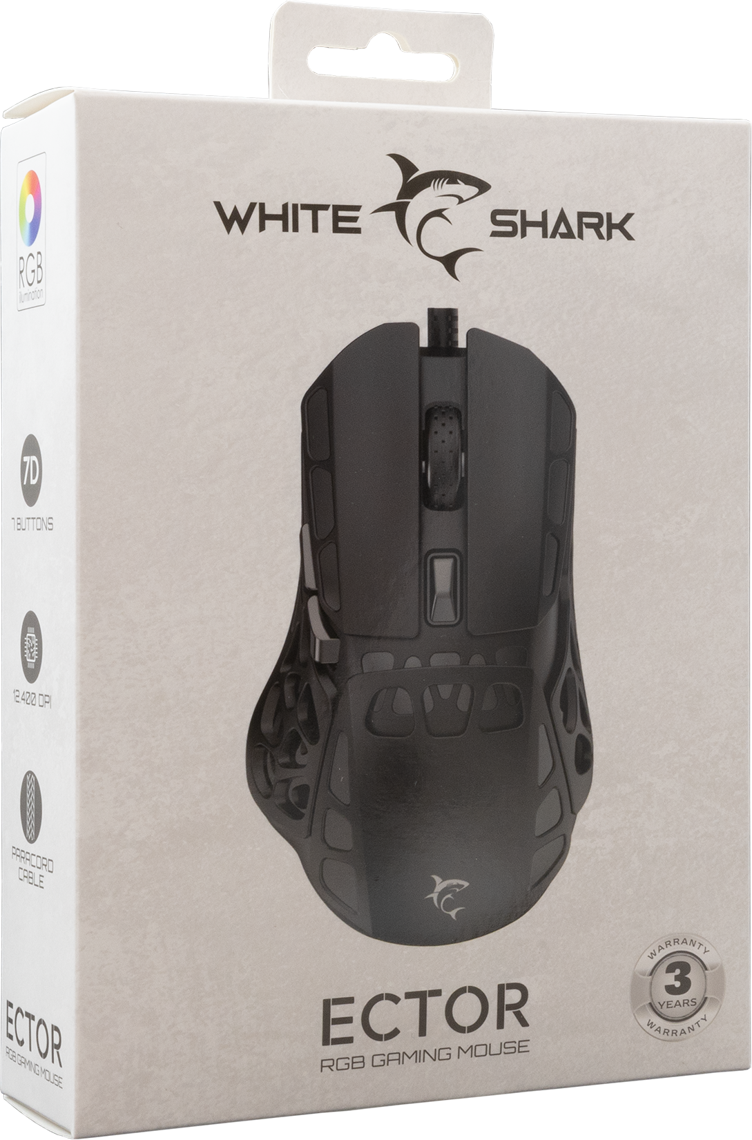 White Shark Ector RGB gamer egér. Fekete egér több gombbal, egy világos dobozon.