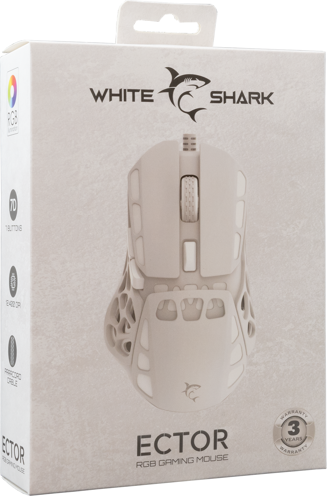 Fehér gamer egér egy dobozban. Az egér méhsejt mintájú. White Shark márka.