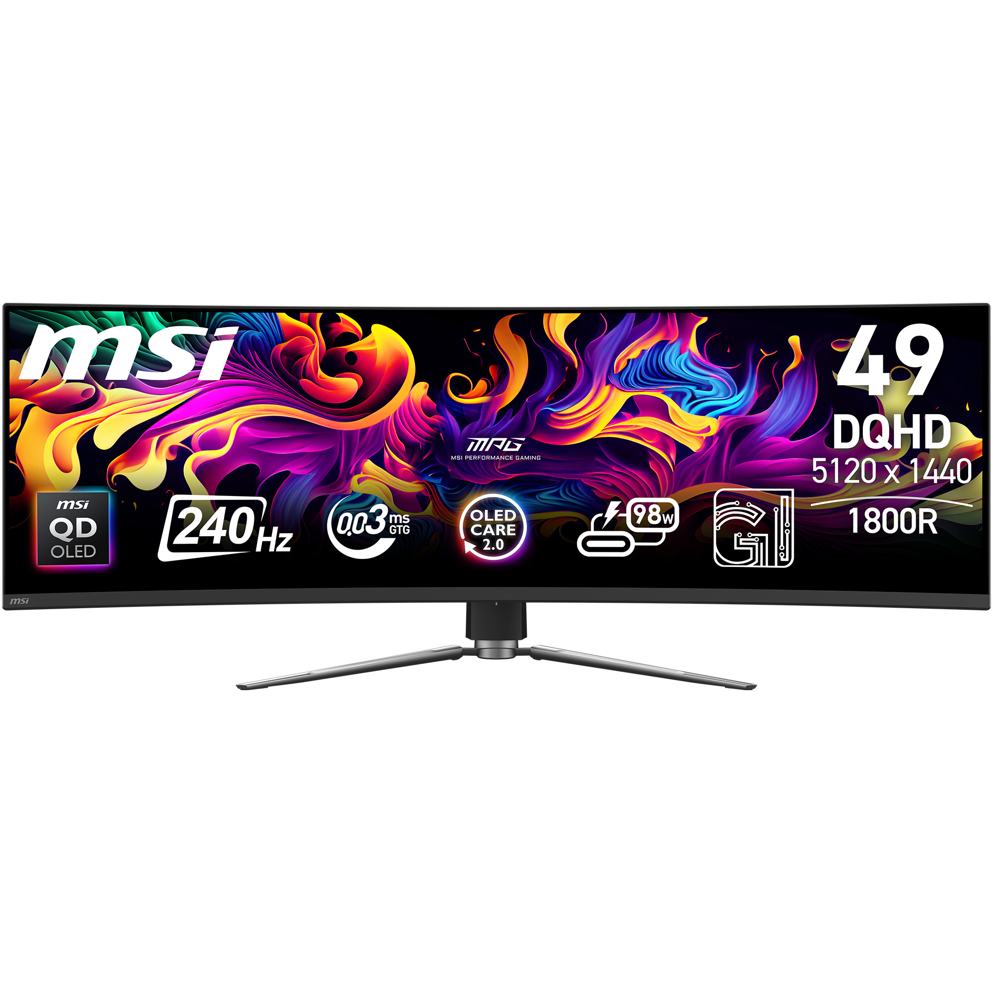 Ein gebogener MSI-Monitor mit großem Display und Metallständer, der verschiedene Farben und Text zeigt.