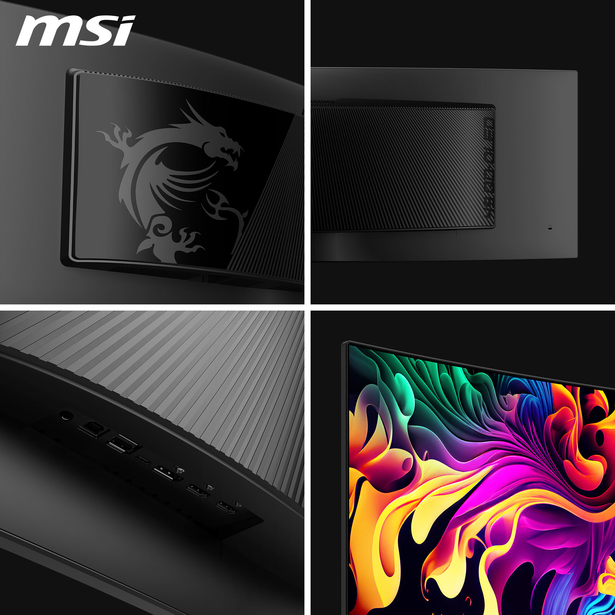 Nahaufnahme eines MSI-Monitors. Es zeigt das Logo, Details der Rückseite und ein lebendiges, farbenfrohes Display.