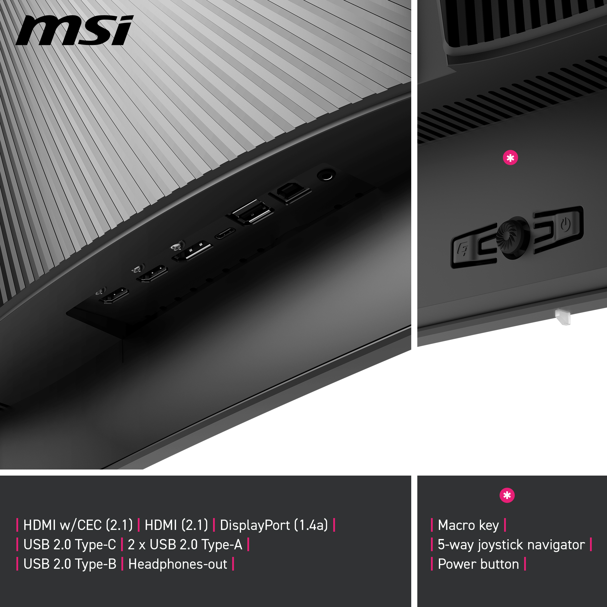 Ein schwarzer MSI-Monitor mit Anschlüssen auf der Rückseite. Ein Detail zeigt eine Makrotaste und Joystick.