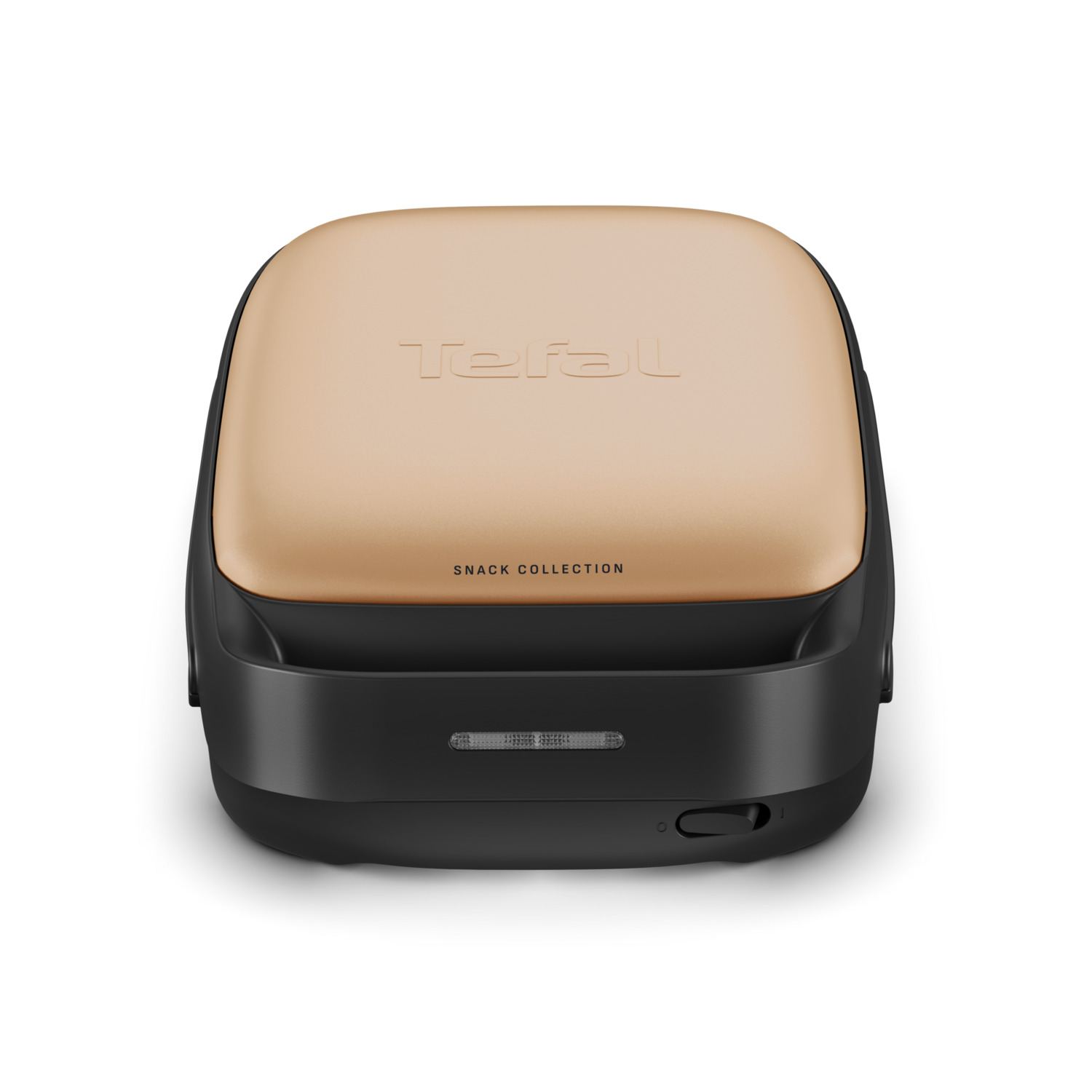 Une machine à snacks Tefal noire et dorée avec le nom de la marque sur le dessus.