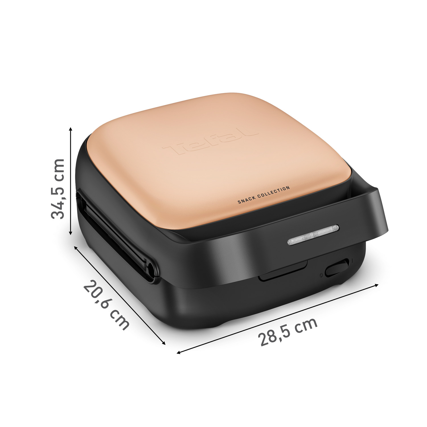Tefal Snack Collection, fermé, avec dimensions en centimètres, couleur noire et dorée.